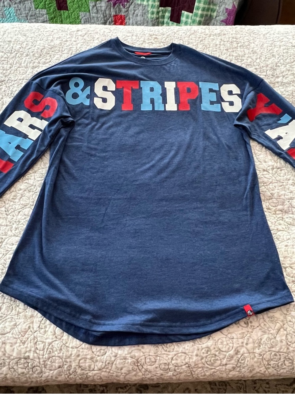 MarleyLilly “Stars & Stripes Y’all” Blue Long Sleeve Tee Patriotic Festive Fun